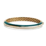 18K Solid Gold Natural Diamond and Malachite Enamel Bangle Bracelet