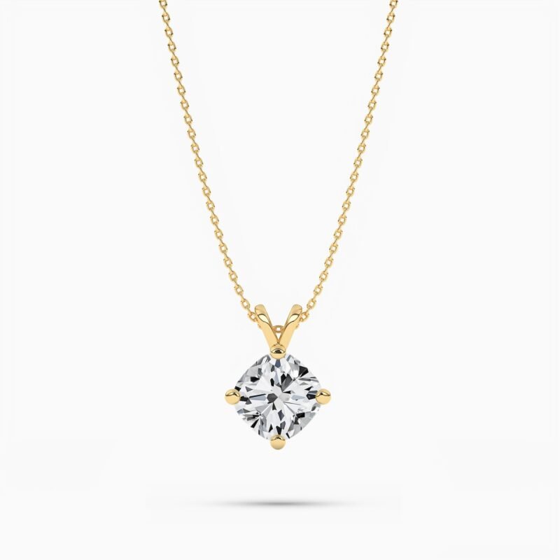 18K Solid Gold Natural Diamond Cushion Cut Solitaire Necklace – 2.00 Ct Pendant for Valentine’s Day