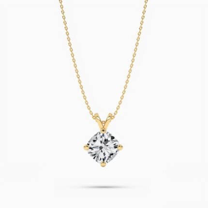 18K Solid Gold Natural Diamond Cushion Cut Solitaire Necklace – 2.00 Ct Pendant for Valentine’s Day