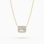 18K Solid Gold Natural Diamond Emerald Cut Halo Necklace – Minimalist Gift for Women