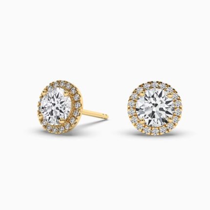 18K Solid Gold Natural Diamond Round Cut Halo Stud Earrings