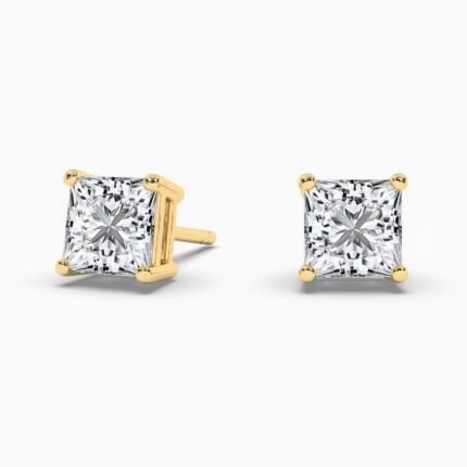 18K Solid Gold Natural Diamond Princess Cut Stud Earrings
