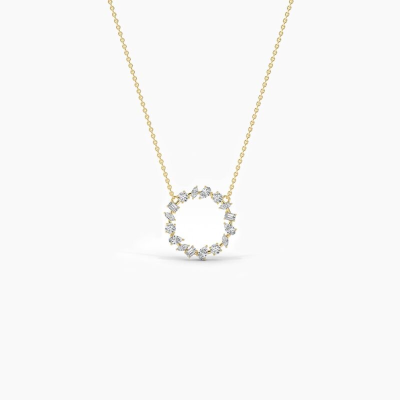 18K Solid Gold Natural Diamond Multi-Shape Cluster Necklace – Open Circle Bridal Pendant for Women