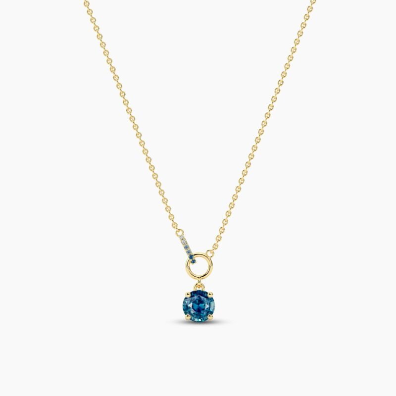 18k Solid Gold 1.00ct Round Blue-green Sapphire & Natural Diamond Necklaces For Women