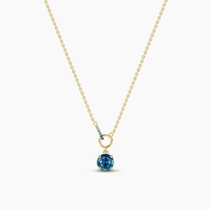 18k Solid Gold 1.00ct Round Blue-green Sapphire & Natural Diamond Necklaces For Women