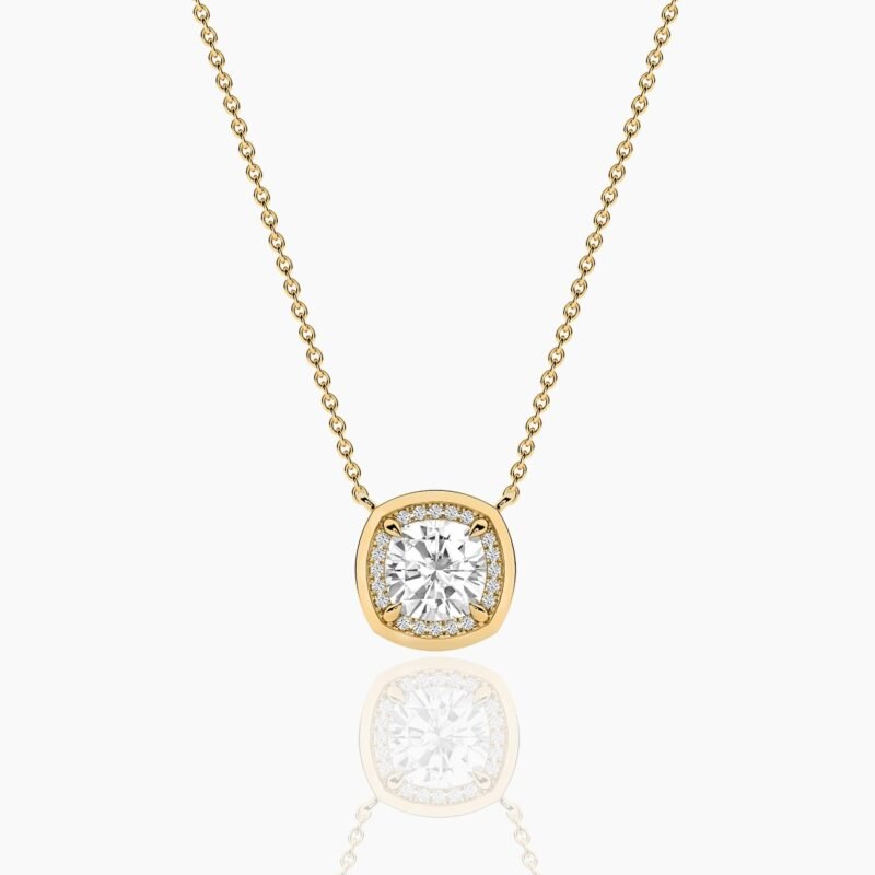 18k Solid Gold Halo Natural Diamond Necklace For Women