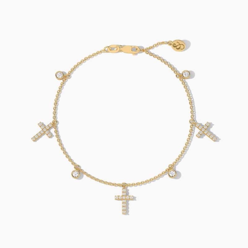 18k Solid Gold Natural Diamond Cross Station Bracelet