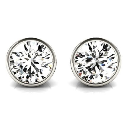 18K Solid Gold Natural Diamond Bezel Set Round Stud Earrings