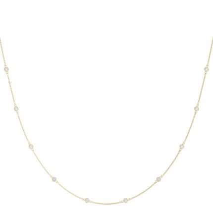 18K Solid Gold Natural Diamond Bezel-Set Station Necklace with 10 Round Diamonds