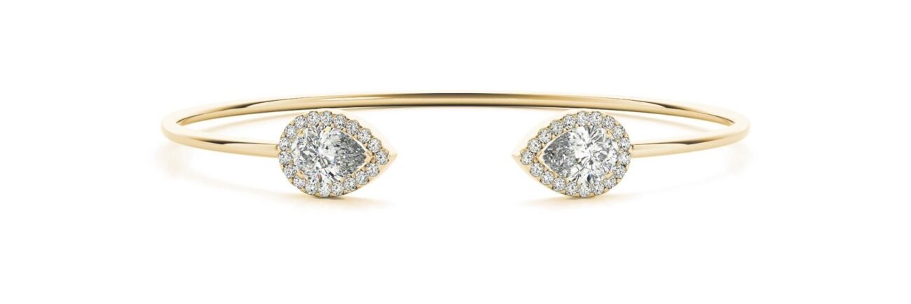 18K Solid Gold 1.75ct Open Bangle Bracelet with Pear-Shaped Halo Natural Diamond
