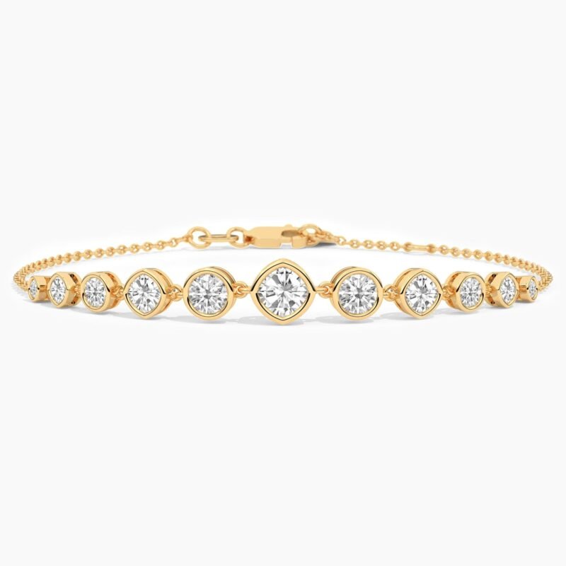 14K Solid Gold Natural Diamond Bracelet | 9 Graduated Diamonds Bezel Set