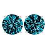 18K Solid Gold 1.00 CTW Blue Diamond Round Stud Earrings