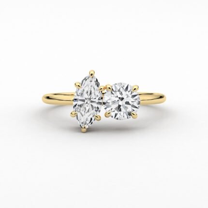 18K Solid Gold Natural Diamond Toi et Moi Ring – Marquise & Round Two-Stone Engagement Ring