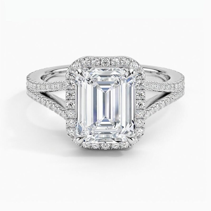 18K Solid Gold 3.75 CT Natural Diamond Emerald Cut Halo Engagement Ring