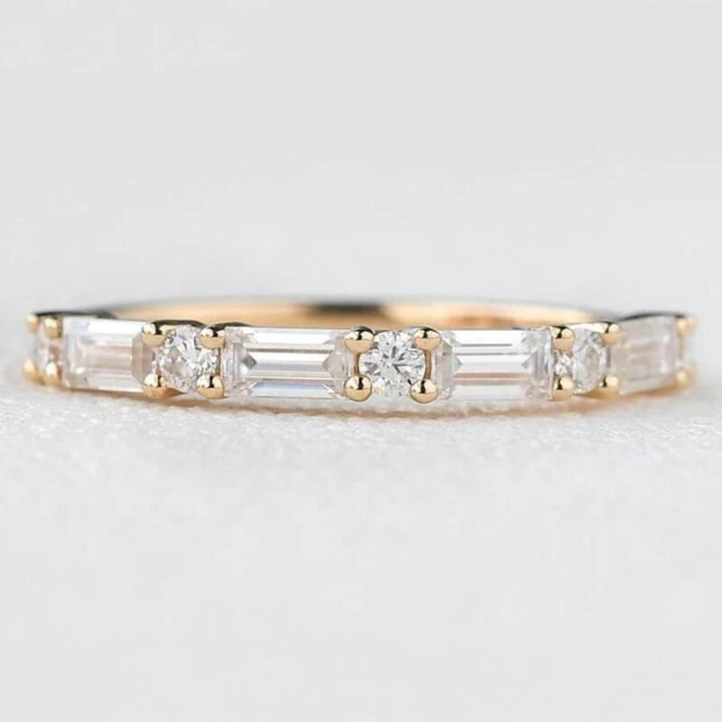 18K Solid Gold Natural Diamond Baguette & Round Cut Half Eternity Band