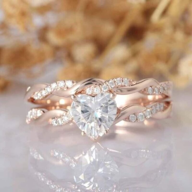 18K Solid Gold 3 CT Natural Diamond Heart Cut Twisted Shank Bridal Ring Set