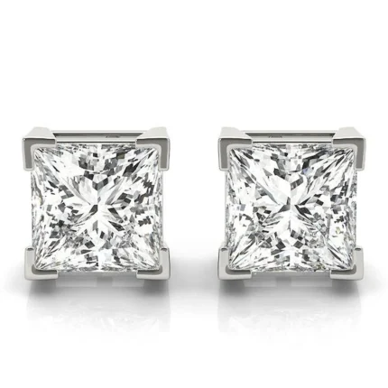 18K Solid Gold Princess-Cut Natural Diamond Stud Earrings
