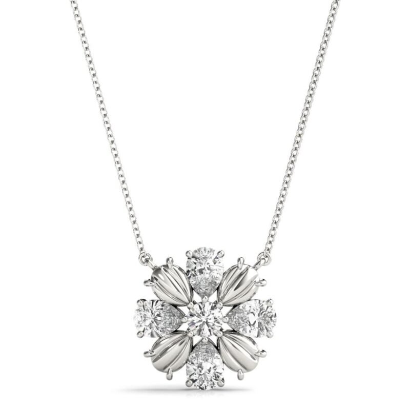 18K Solid Gold Floral Bloom Natural Diamond Cluster Pendant Necklace