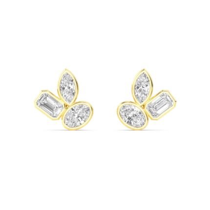 18K Solid Gold 2.06 Ct Natural Diamond Stud Earrings Floral Trio Cluster with Marquise, Oval & Emerald Cut Diamonds