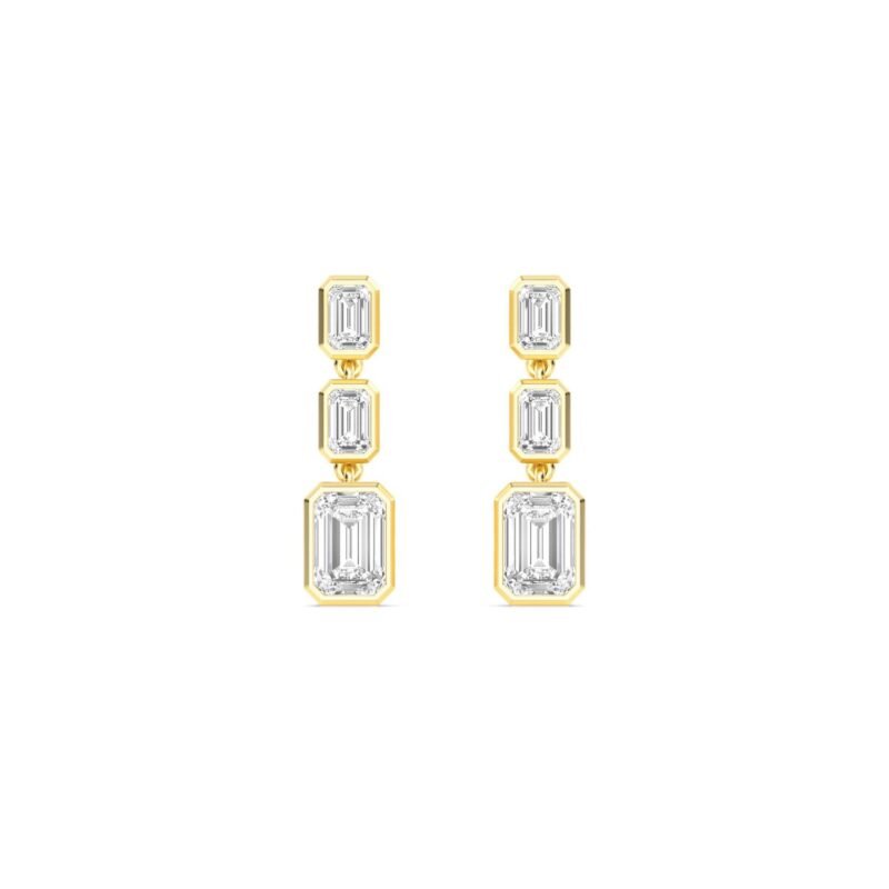 18K Solid Gold 3.15Ct Emerald Cut Natural Diamond Drop Earring 3‑Stone Vertical Bezel