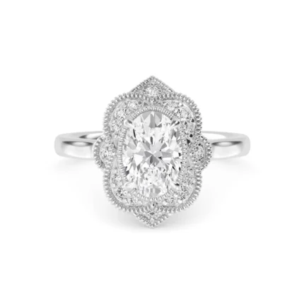 18K Solid Gold 1.25 CT Vintage Oval Halo Natural Diamond Engagement Ring