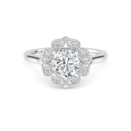 18K Solid Gold 1.18CT Vintage Floral Halo Round Cut Natural Diamond Engagement Ring