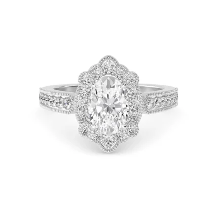 18K Solid Gold 1.45ct Vintage Floral Oval Halo Diamond Engagement Ring