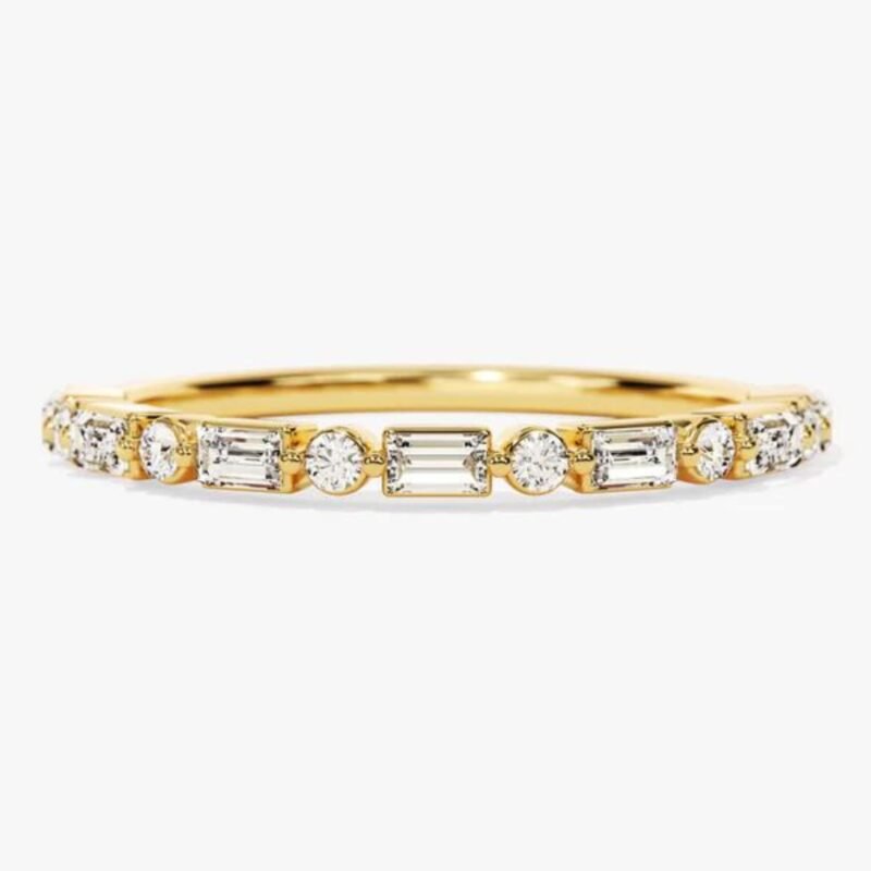 18K Solid Gold Natural Diamond Baguette & Round Cut Bar Set Half Eternity Ring