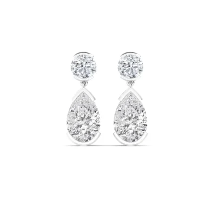 18K Solid Gold 2.19 Ct Pear & Round Cut Natural Diamond Drop Earrings