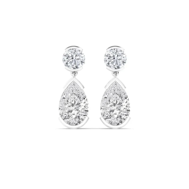 18K Solid Gold 2.19 Ct Pear & Round Cut Natural Diamond Drop Earrings