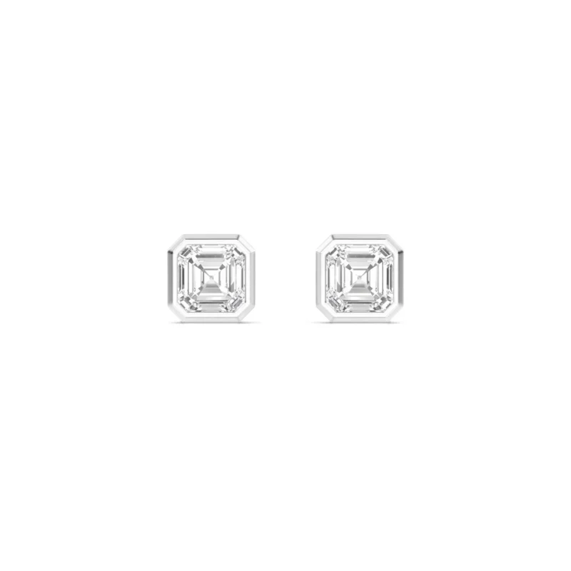 18K Solid Gold Bezel Set 1.01 Ct Asscher Cut Natural Diamond Stud Earrings