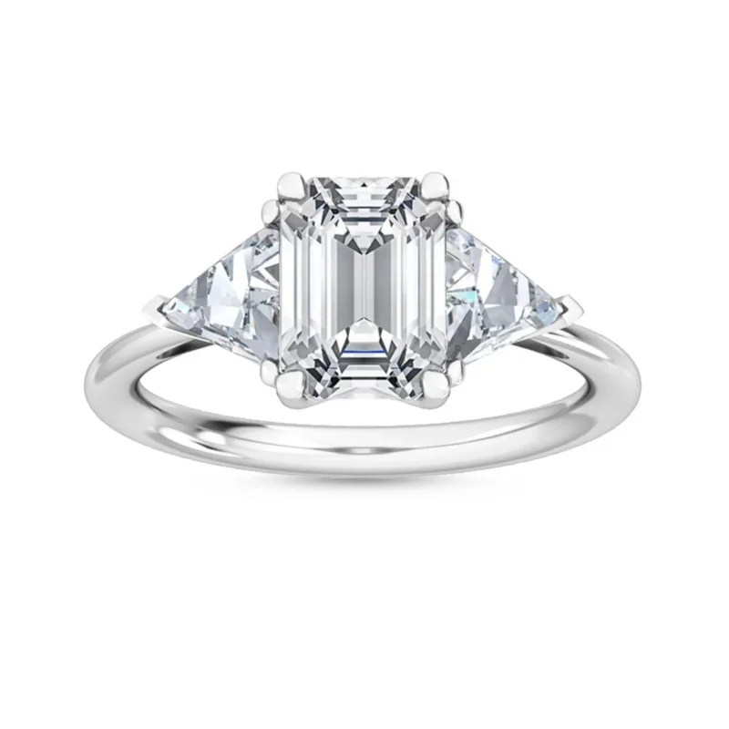 2.75ct Emerald Cut with Trillion Cut Side Stones Natural Diamond Engagement Ring in 18K Solid Gold