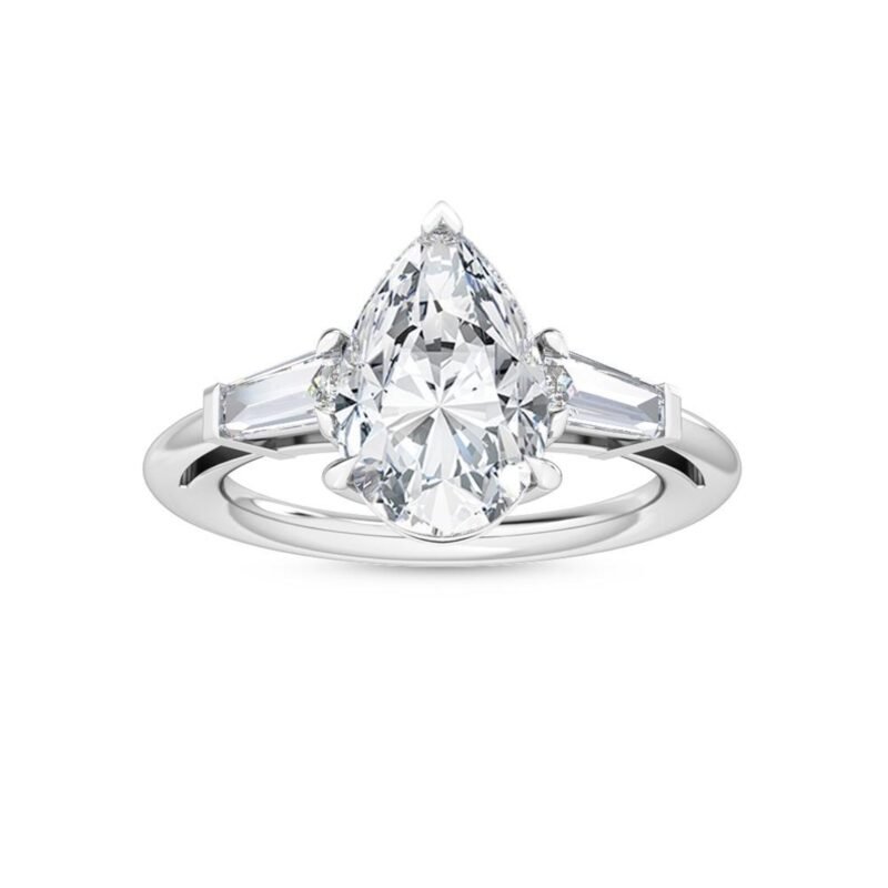 18K Solid Gold 3.60ct Pear Cut with Baguette Side Stones Natural Diamond Engagement Ring