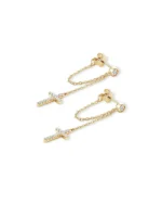 18K Solid Gold Natural Diamond Cross Dangle Earrings | Diamond Chain Drop Earrings - Image 3