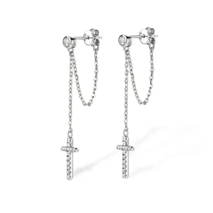 18K Solid Gold Natural Diamond Cross Dangle Earrings