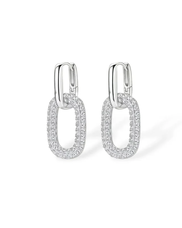 18K Solid Gold Double Oval Natural Diamond Dangle Drop Earrings
