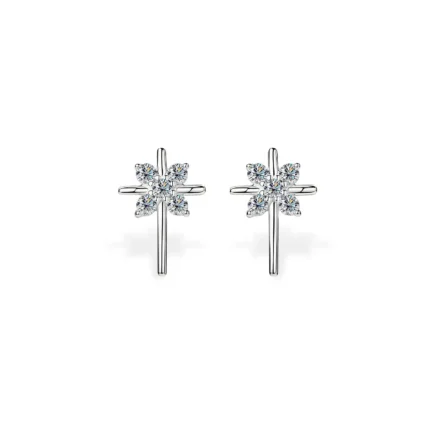 18K Solid Gold Natural Diamond Cross Stud Earrings
