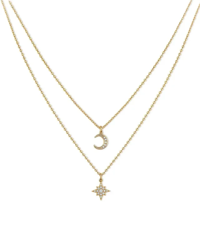 18K Solid Gold Moon and Star Double Chain Natural Diamond Pendant Necklaces