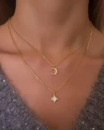18K Solid Gold Moon and Star Double Chain Lab Grown Diamond Pendant Necklaces - Image 4