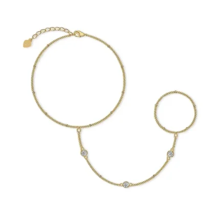 18K Solid Gold 0.3ct Natural Diamond Hand Chain Bracelet | Unique Ring Linked Bracelet