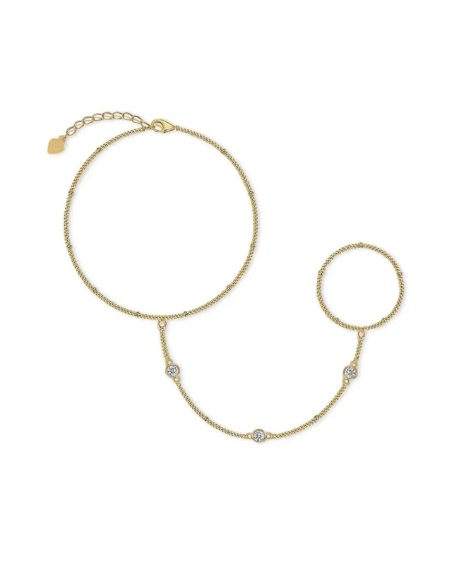 18K Solid Gold 0.3ct Natural Diamond Hand Chain Bracelet | Unique Ring Linked Bracelet