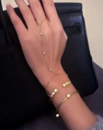 18K Solid Gold 0.3ct Natural Diamond Hand Chain Bracelet | Unique Ring Linked Bracelet | Stackable Chain Bracelet - Image 3