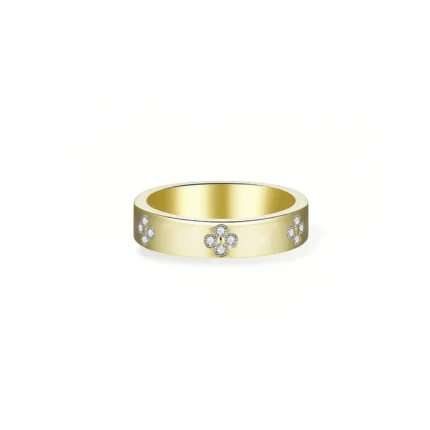18K Solid Gold Four Leaf Clover 0.3ct Natural Diamond Band