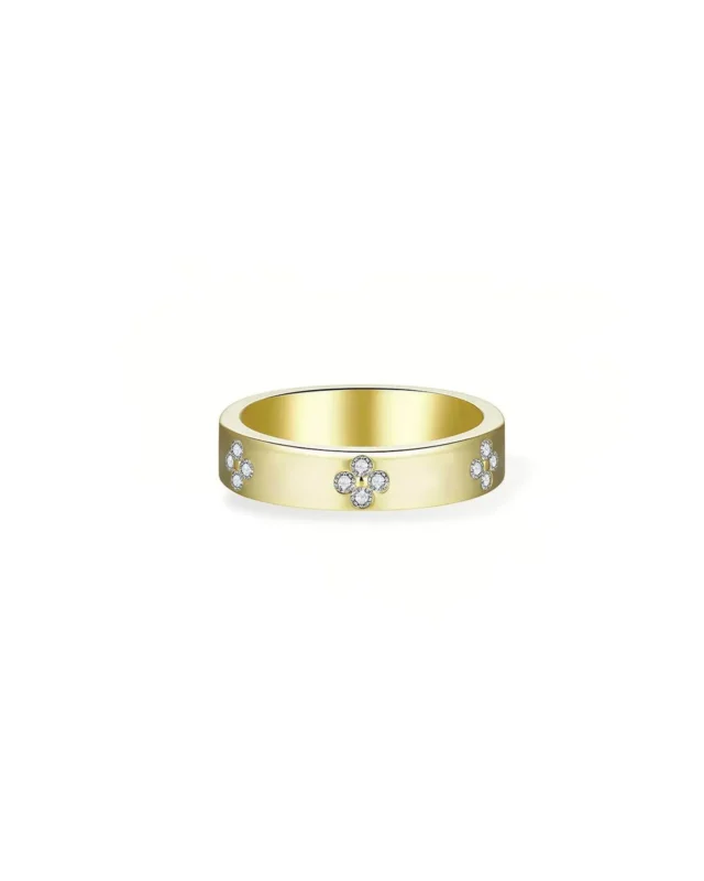18K Solid Gold Four Leaf Clover 0.3ct Natural Diamond Band