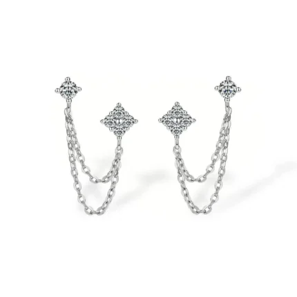 18K Solid Gold Natural Diamond Clover Chain Earrings