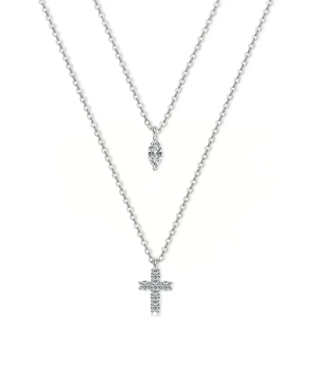18K Solid Gold Marquise Layered Diamond Cross Pendant Double Chain Necklace