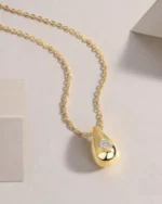 18K Solid Gold Teardrop Pendent Lab Grown Diamond Chain Necklace - Image 2