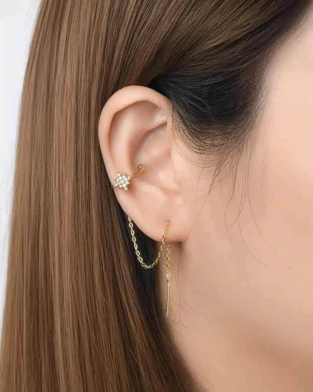 18K Solid Gold Natural Diamond Star Chain Cuff Earring