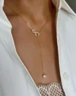 18K Solid Gold Infinity & Solitaire Natural Diamond Pendant With Long Chain Necklace - Image 2