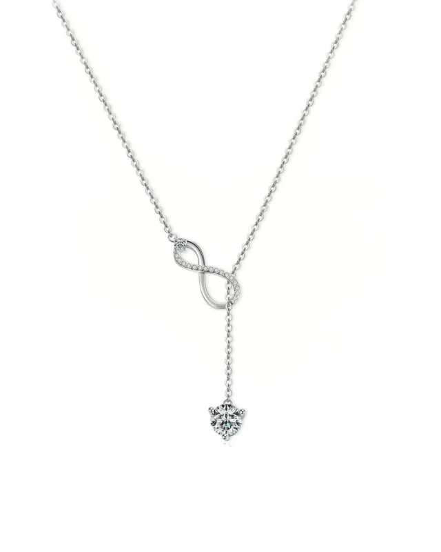18K Solid Gold Infinity & Solitaire Natural Diamond Pendant With Long Chain Necklace